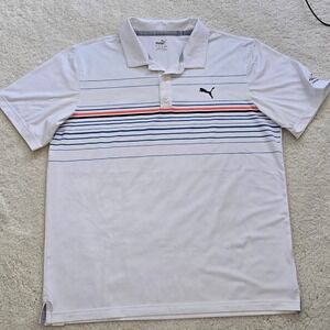 Puma Mens Golf Polo Shirt Size L White Blue Orange Stripe Logo S/S Performance